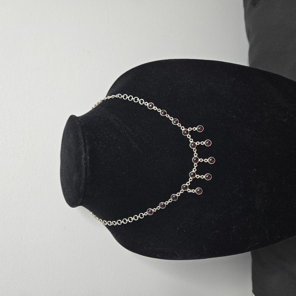 Sterling Silver Garnet Cabochon Dangle Necklace Boho Drop Station Necklace